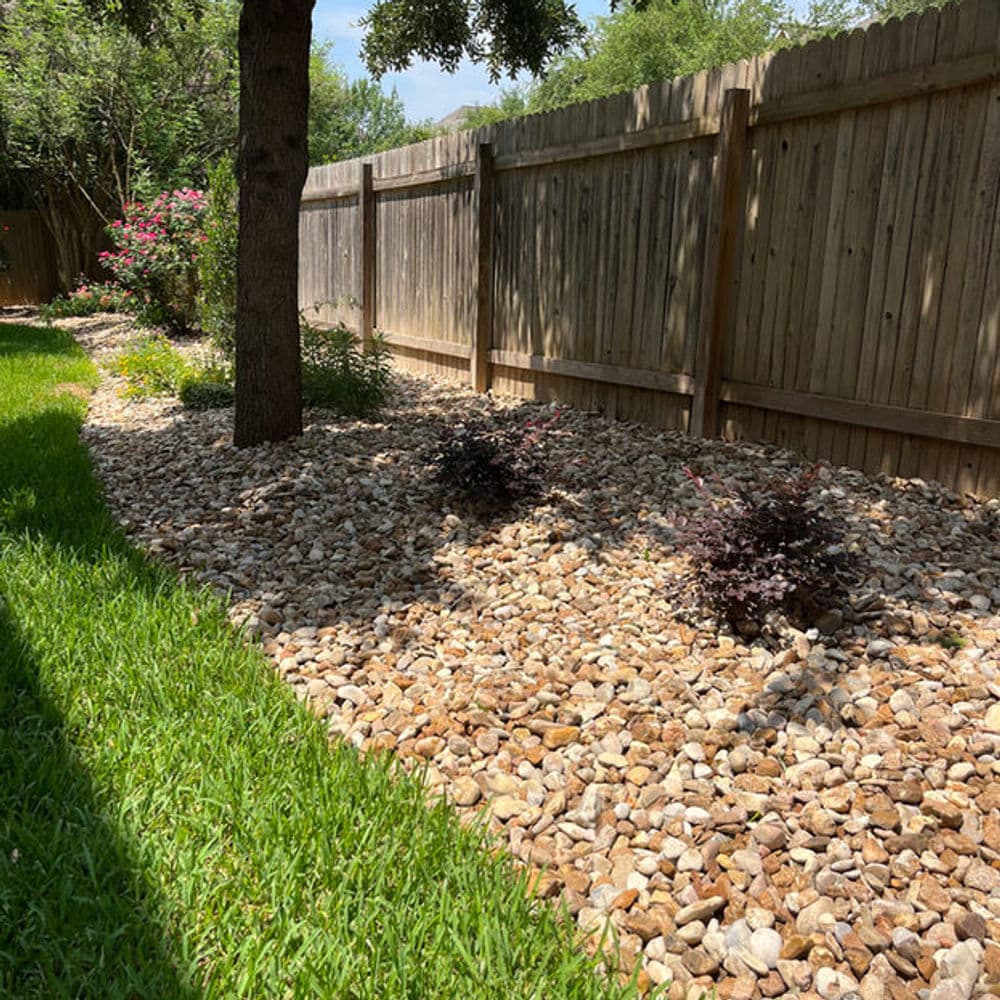 Landscaped garden with pebbles, plants, and a wooden fence under a sunny sky.